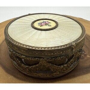 Vintage Apollo Studios Brass/Glass Vanity Powder/Trinket Box Floral Center 4.5”